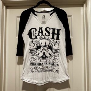 Johnny Cash Tee by Zion Rootswear, White and Black Raglan Graphic T-shirt Size L